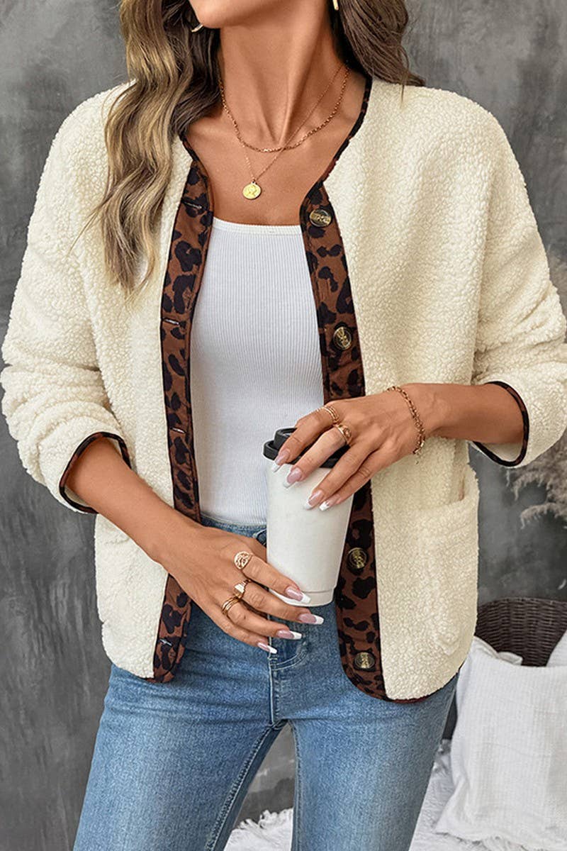 Casul Leopard Print Contrast Crew Neck Jacket