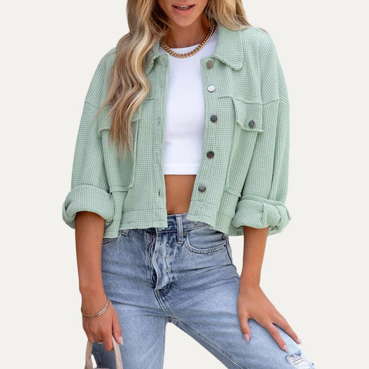 Textured Button-Up Long Sleeve Cropped Jacket