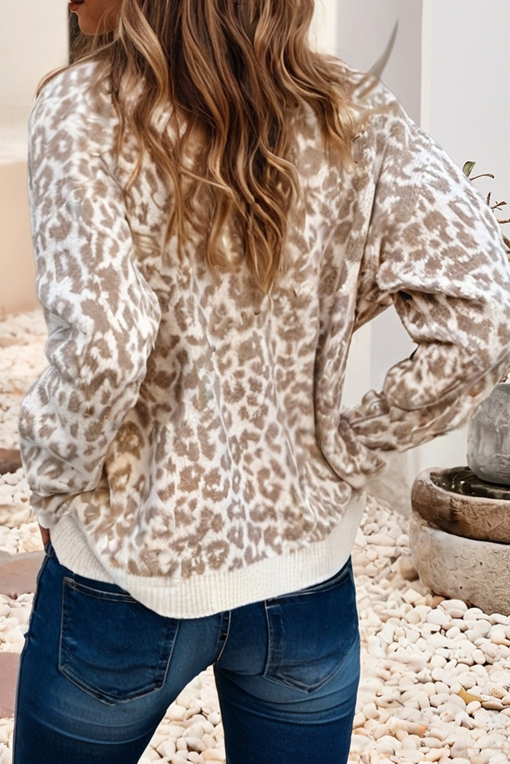 Leopard Drop Shoulder Chunky Knitted Cardigan Sweater