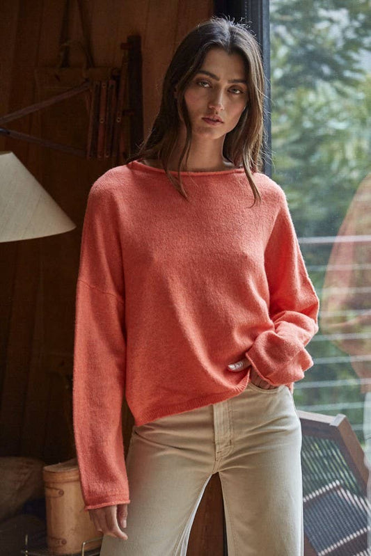 Knit Sweater Rolled Round Neck Pullover Top
