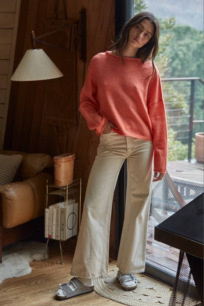 Knit Sweater Rolled Round Neck Pullover Top