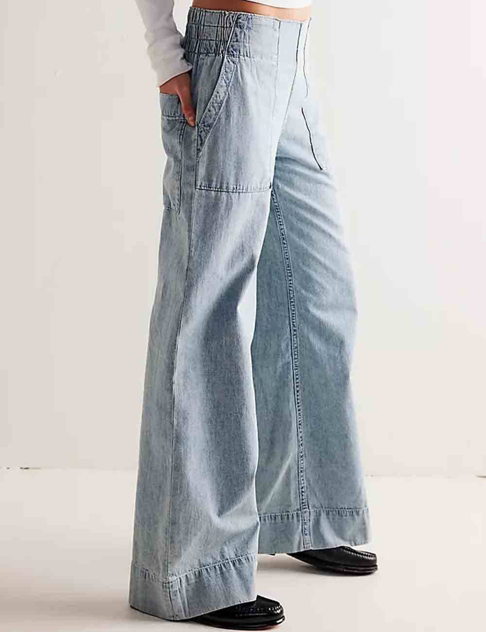 Ladies Elastic Waist Pocket Wide Leg Denim Pants