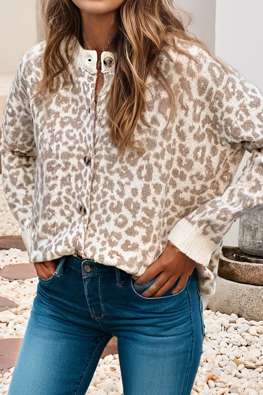 Leopard Drop Shoulder Chunky Knitted Cardigan Sweater