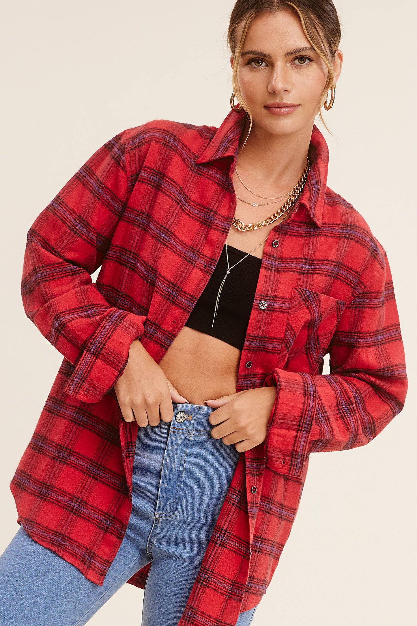 SRT1304-Loose Fit Button Down Soft Fabric Plaid Shirts