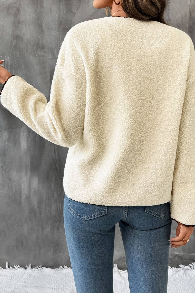 Casul Leopard Print Contrast Crew Neck Jacket