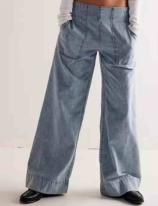 Ladies Elastic Waist Pocket Wide Leg Denim Pants