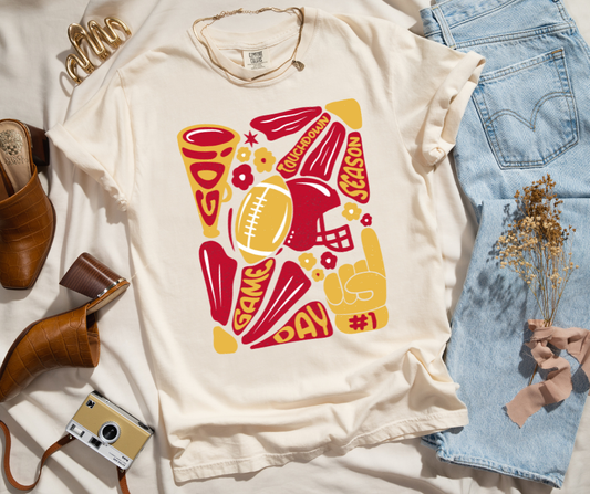 Maroon & Gold Hand Drawn Football Abstract Flower Art Ivory Tee