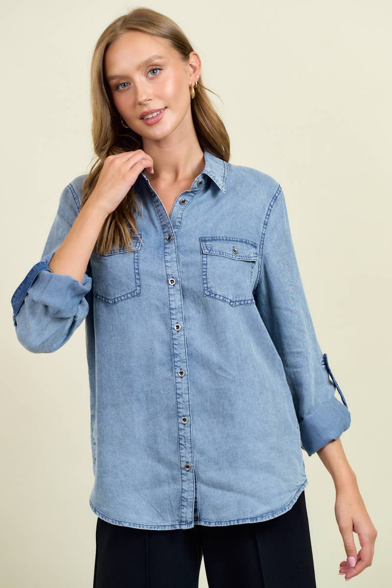 Chambray Button Down Shirt With Roll up Sleeve