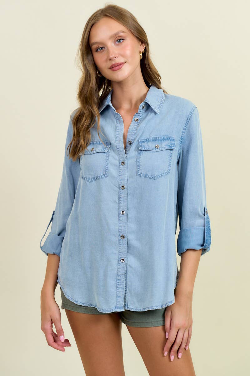 Chambray Button Down Shirt With Roll up Sleeve