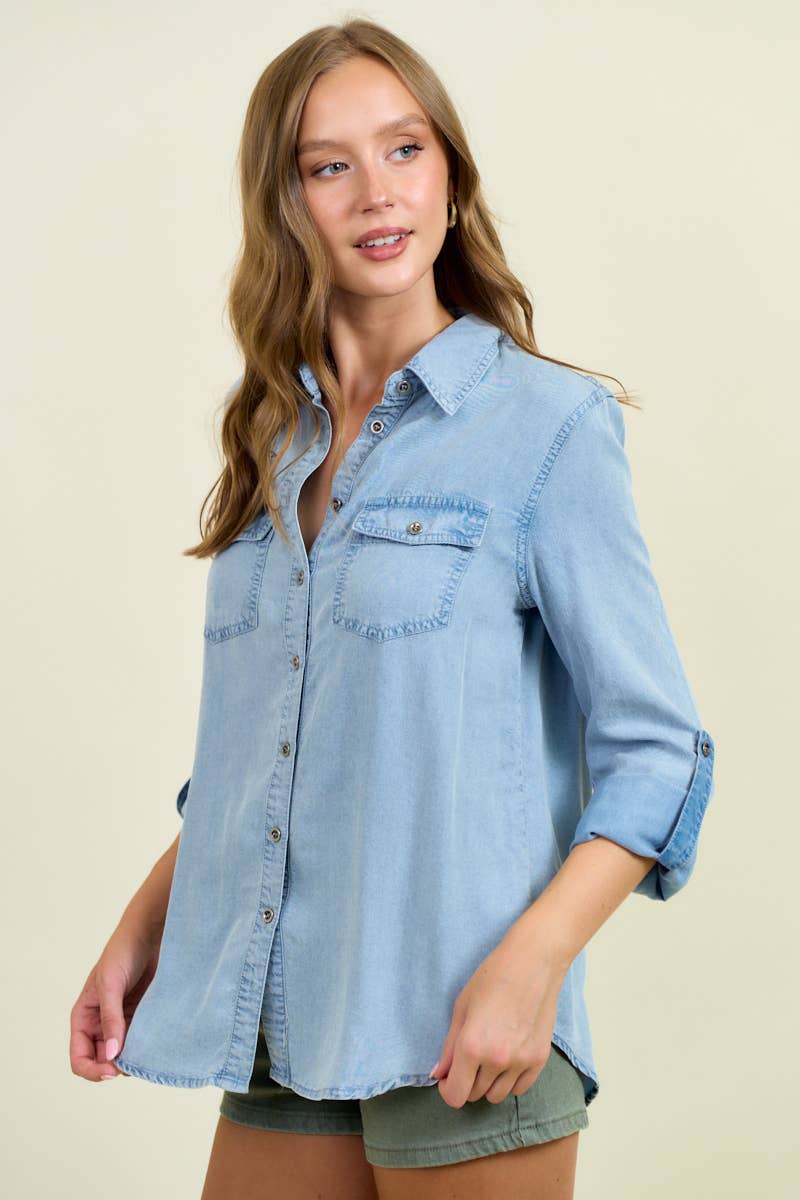 Chambray Button Down Shirt With Roll up Sleeve