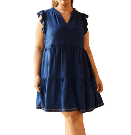 Skies Are Blue Contrast Stitch Tiered Babydoll Dress