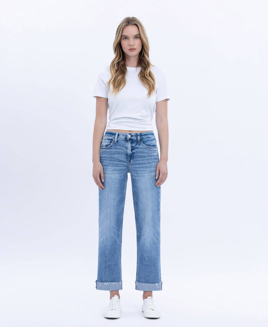 HIGH RISE CUFFED CROP STRAIGHT JEANS