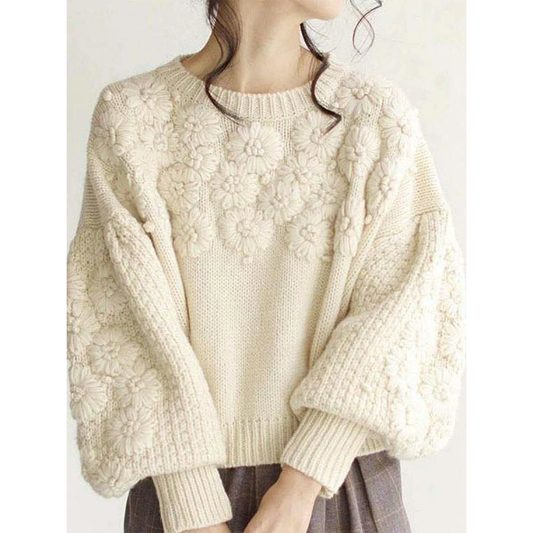 Crew Neck Embroidered Daisy Pullover Knit Sweater