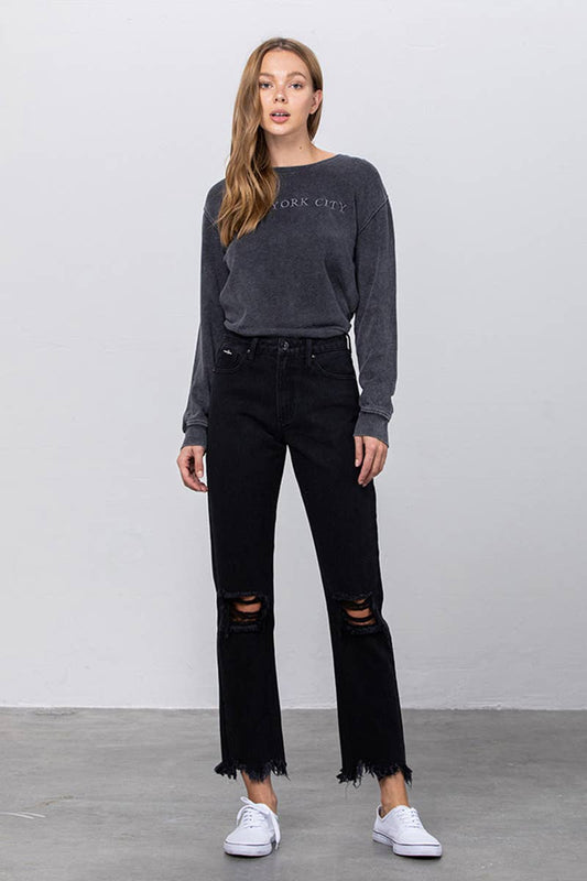 High Rise Ripped Frayed Hem Straight Jeans