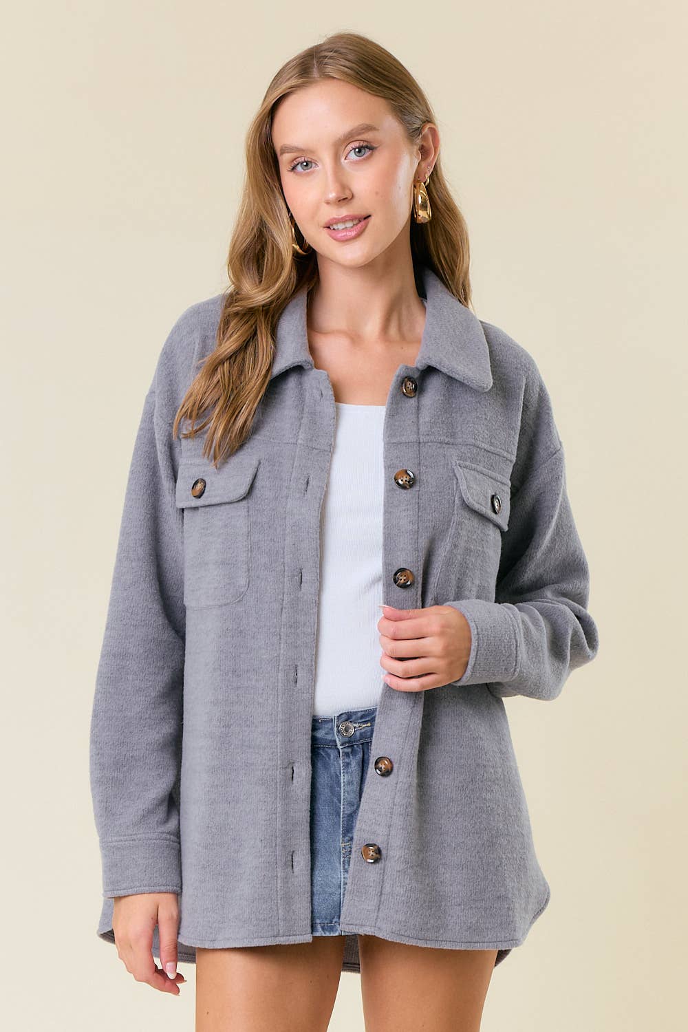 Fleece Knit Button-Down Shacket W/ Patch Pocket - 10606J