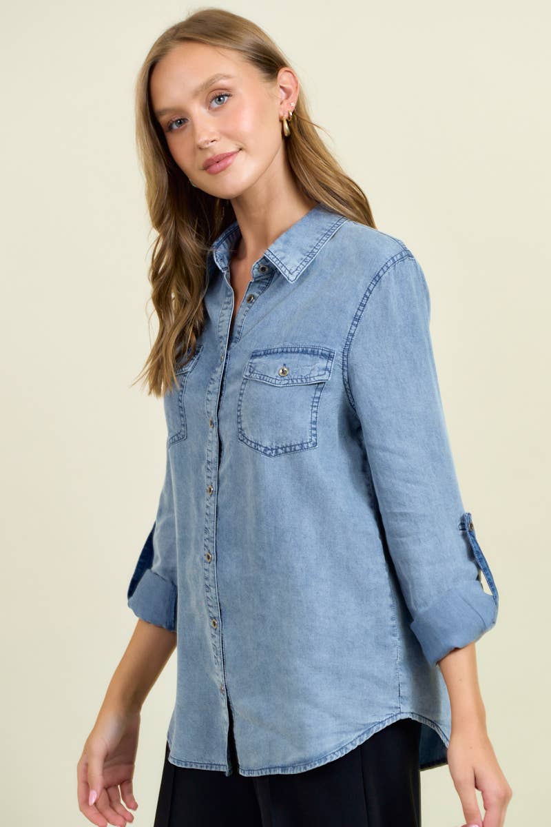 Chambray Button Down Shirt With Roll up Sleeve