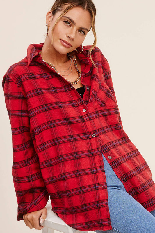 SRT1304-Loose Fit Button Down Soft Fabric Plaid Shirts