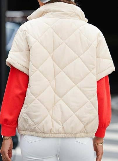 Short Sleeve Quilted Jacket Women's Casual Zipper Coat