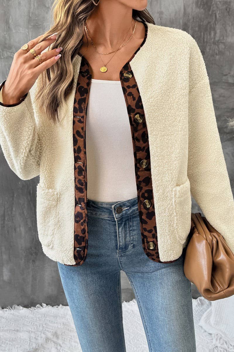 Casul Leopard Print Contrast Crew Neck Jacket