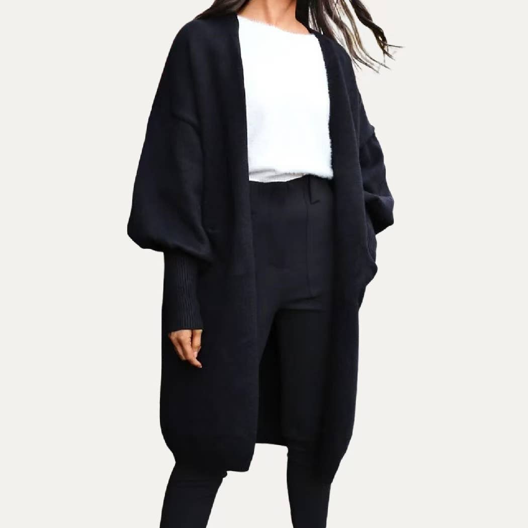 Cool Girl Black Balloon Sleeve Open Front Long Body Cardigan