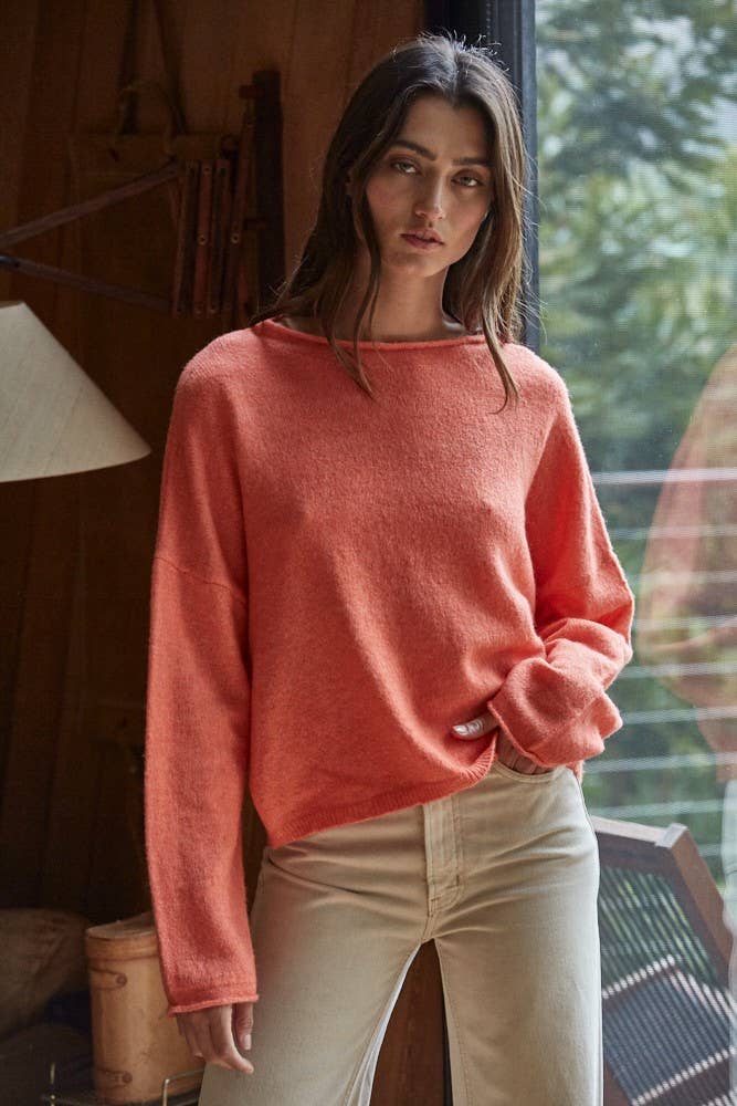 Knit Sweater Rolled Round Neck Pullover Top