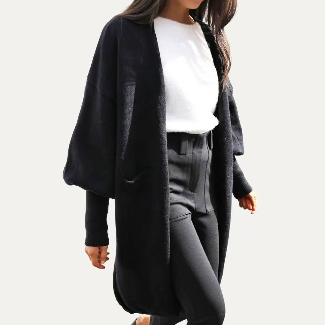 Cool Girl Black Balloon Sleeve Open Front Long Body Cardigan