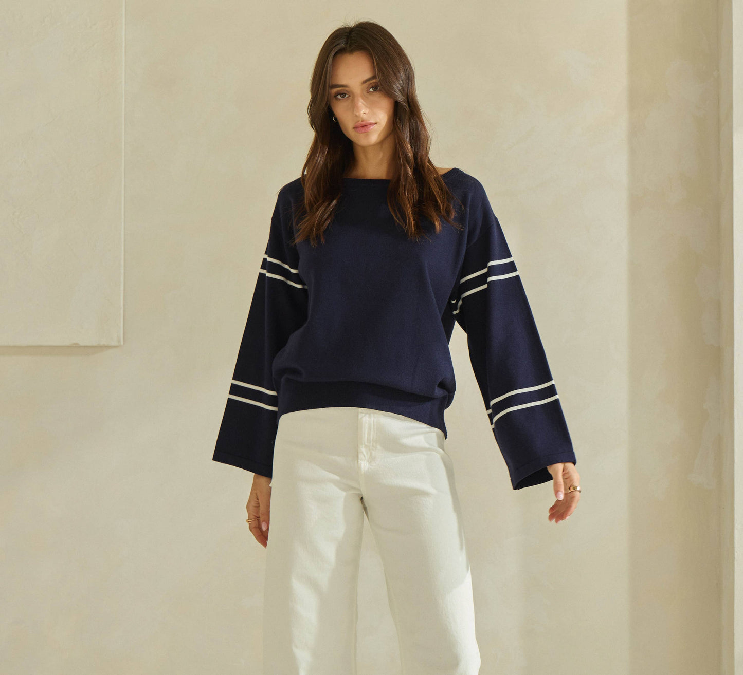 Boat Neck Striped Knit Top