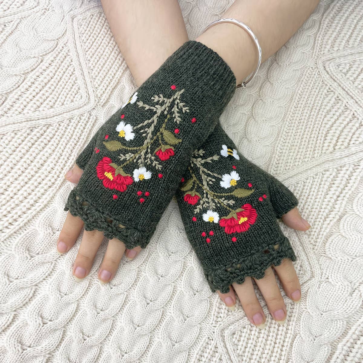 Vintage Peony, Daisy, Bee Embroidered Mittens