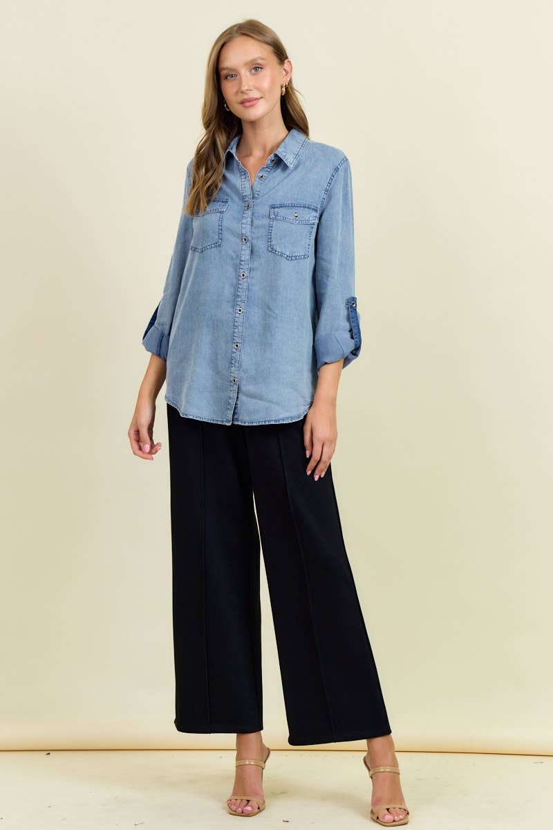 Chambray Button Down Shirt With Roll up Sleeve