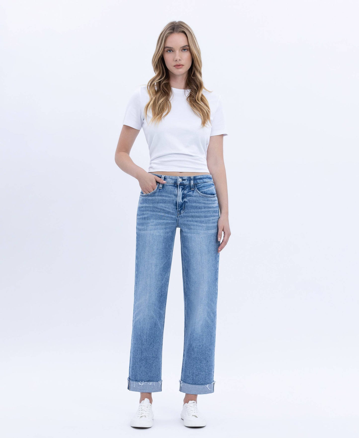 HIGH RISE CUFFED CROP STRAIGHT JEANS
