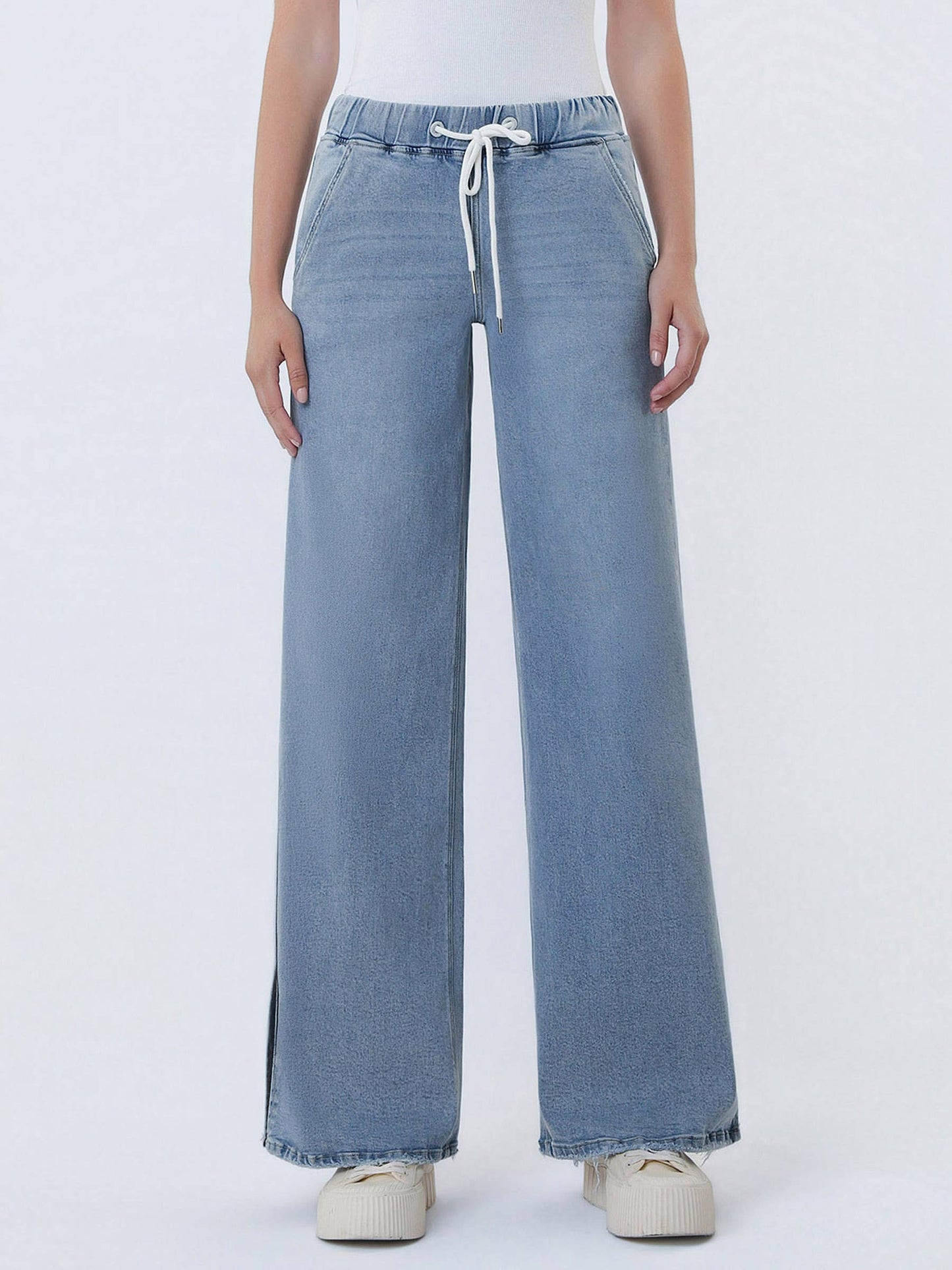 HIGH RISE DRAWSTRING WAISTBAND SLIT WIDE LEG JEANS