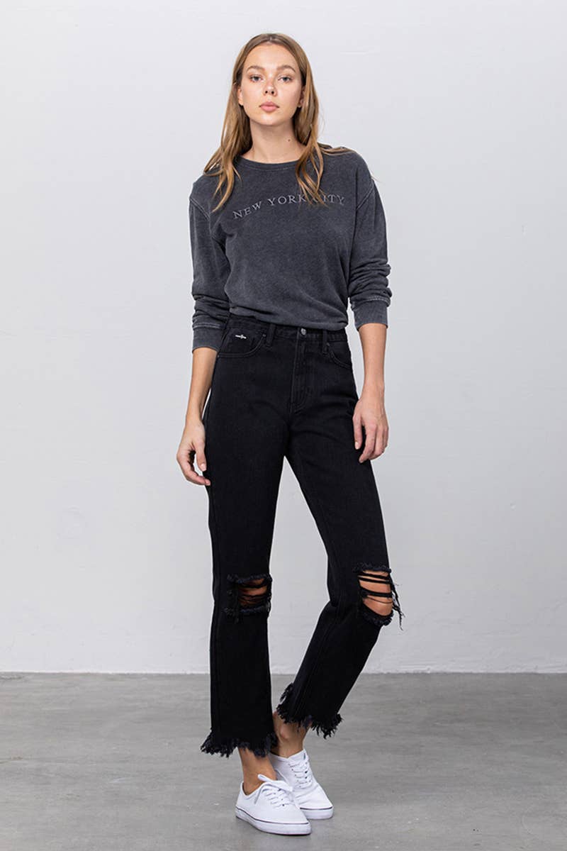 High Rise Ripped Frayed Hem Straight Jeans