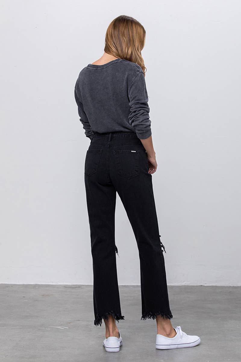 High Rise Ripped Frayed Hem Straight Jeans