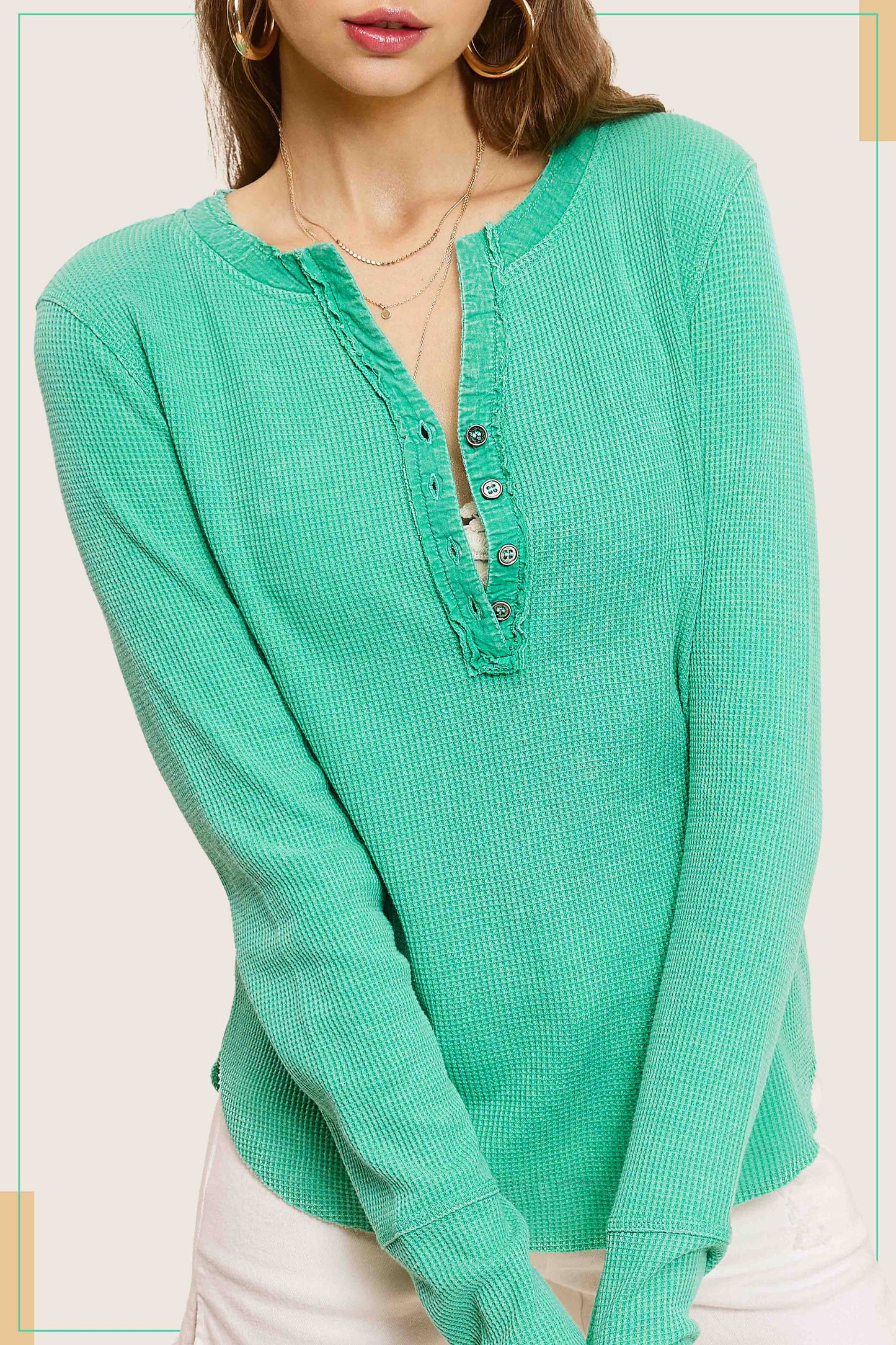 HCT7679-Waffle Long Sleeve Button Front Henley Thermal Top