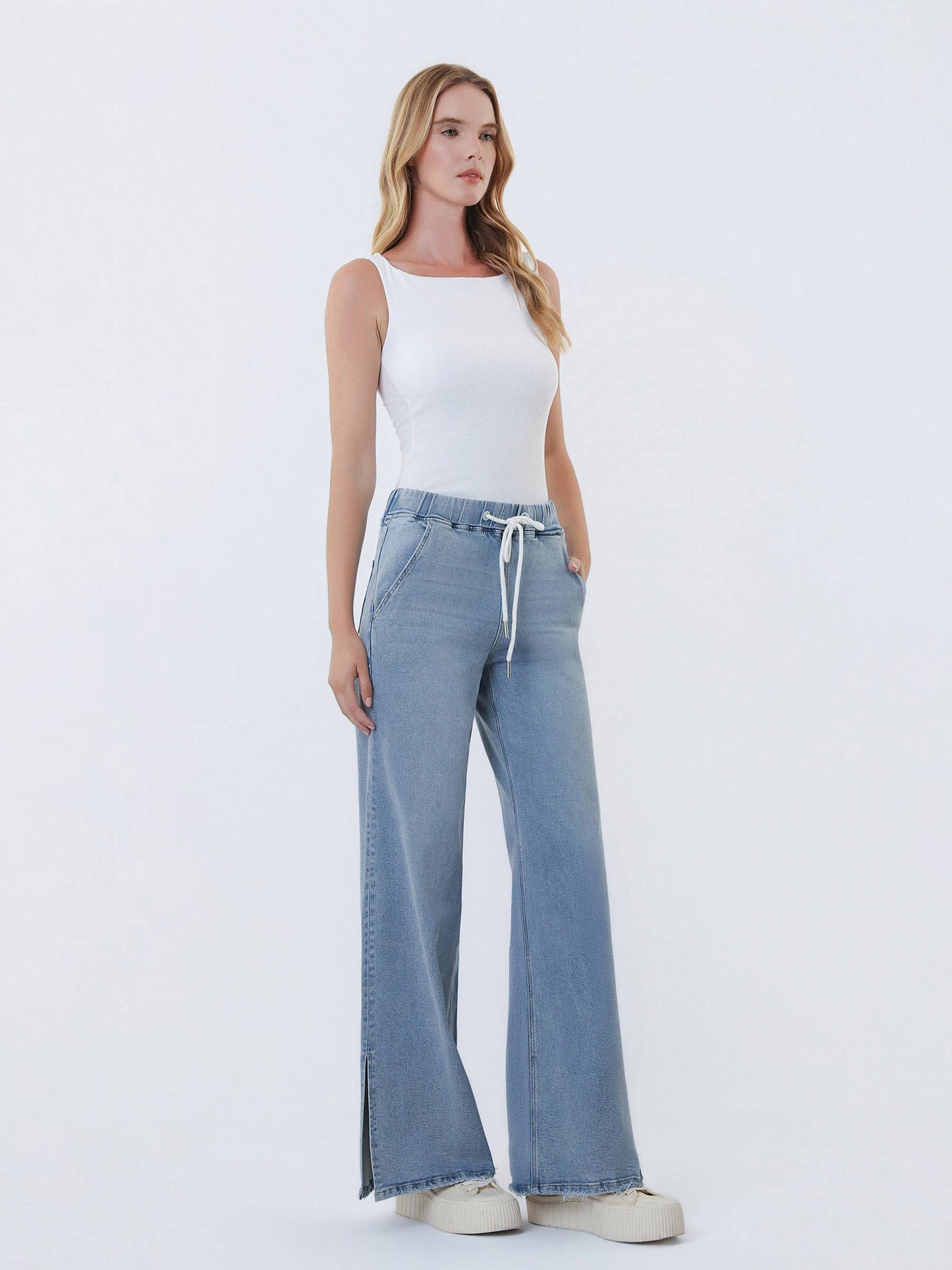 HIGH RISE DRAWSTRING WAISTBAND SLIT WIDE LEG JEANS