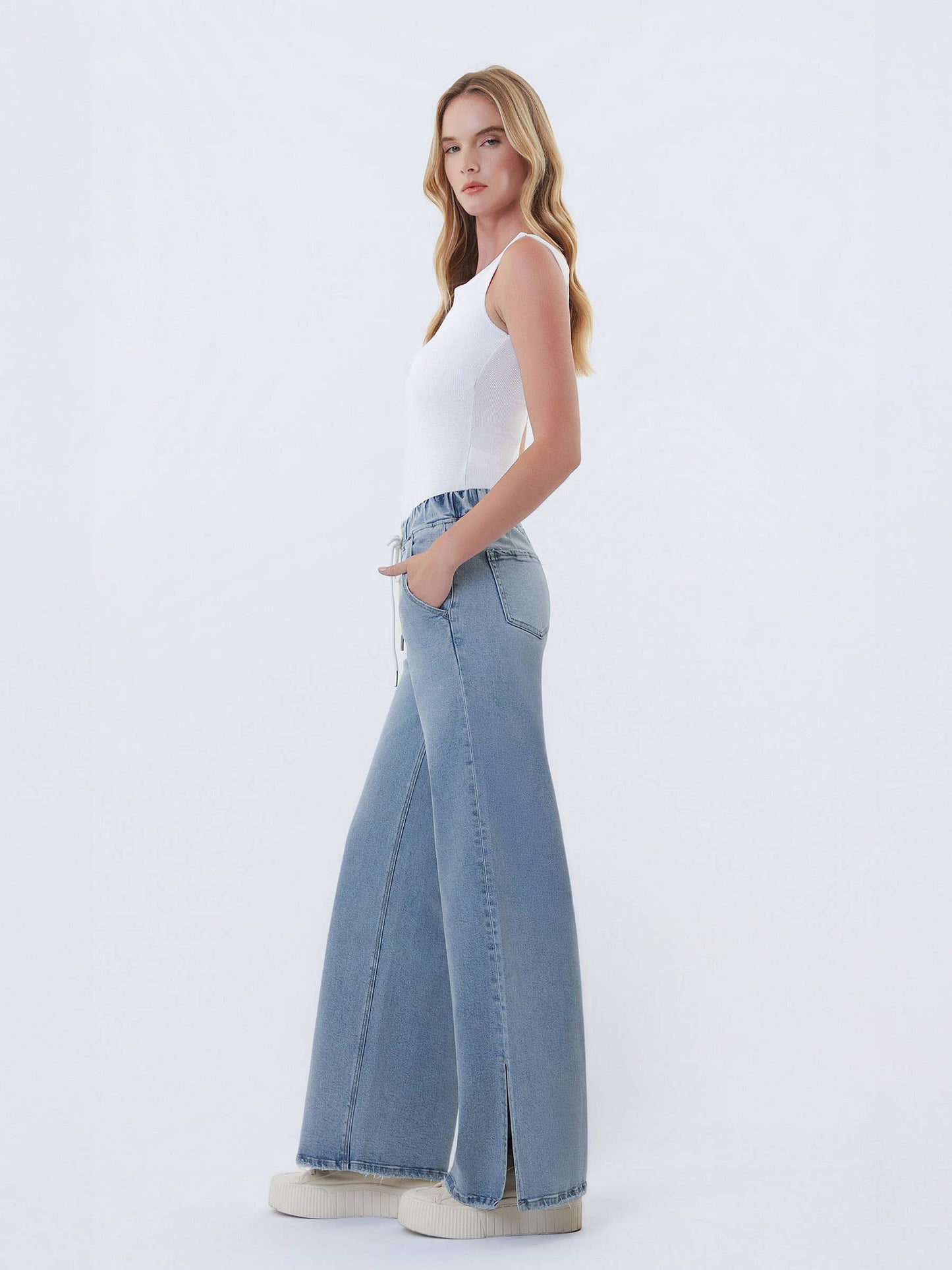 HIGH RISE DRAWSTRING WAISTBAND SLIT WIDE LEG JEANS