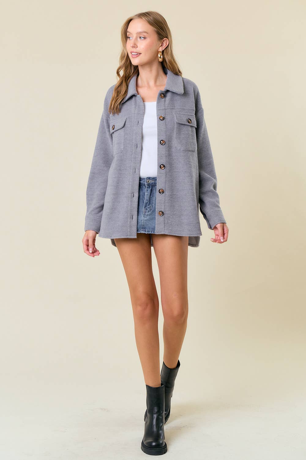 Fleece Knit Button-Down Shacket W/ Patch Pocket - 10606J