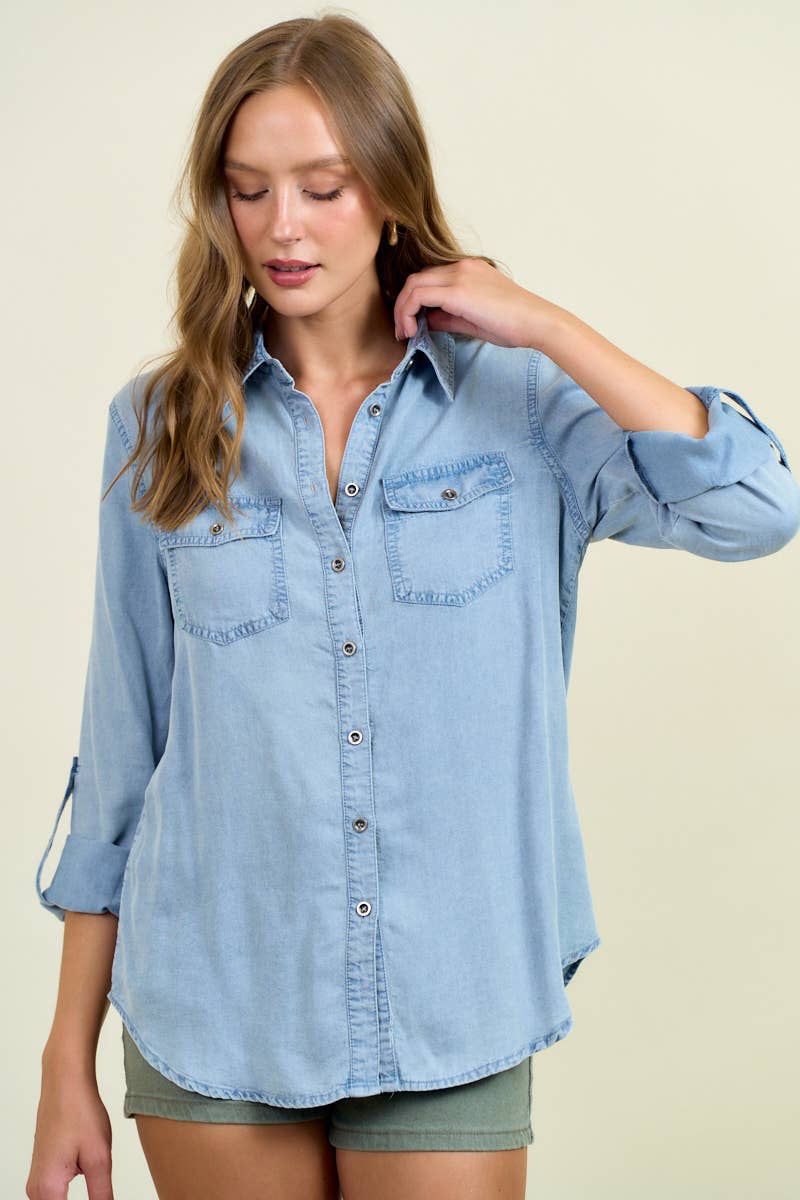 Chambray Button Down Shirt With Roll up Sleeve