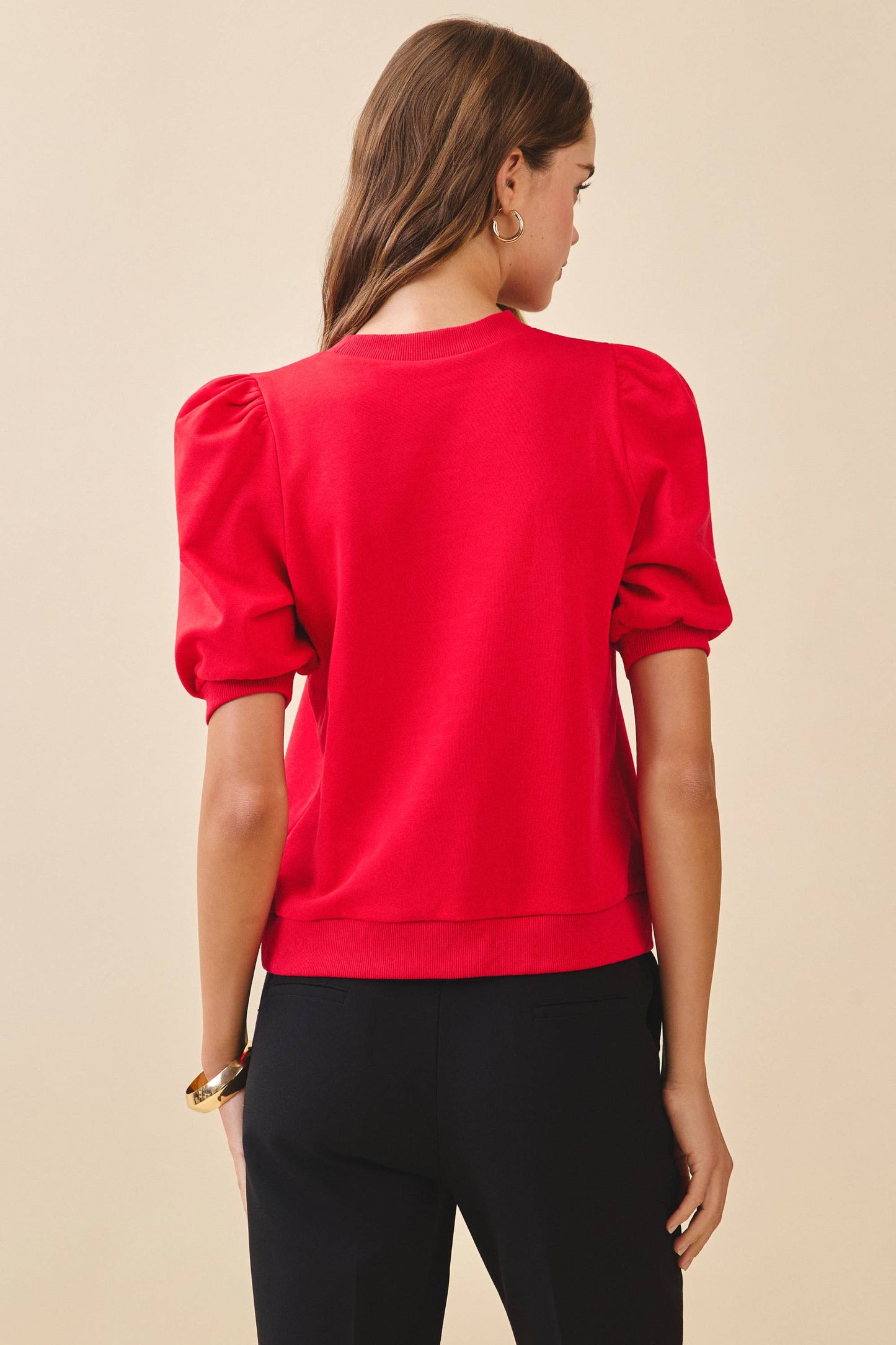 Crew Neck Short Puff Sleeves Knit Top