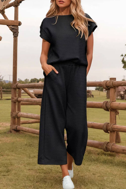 Fashion-W Textured Short Sleeve Top and Casual Pants Set