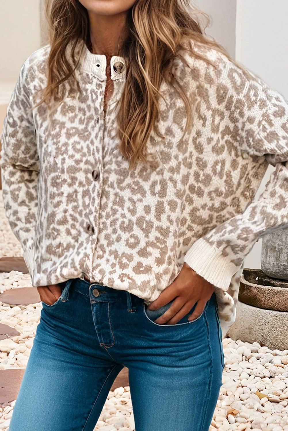 Leopard Drop Shoulder Chunky Knitted Cardigan Sweater