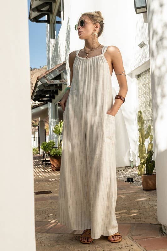 Striped Linen Wide Leg Jumpsuit