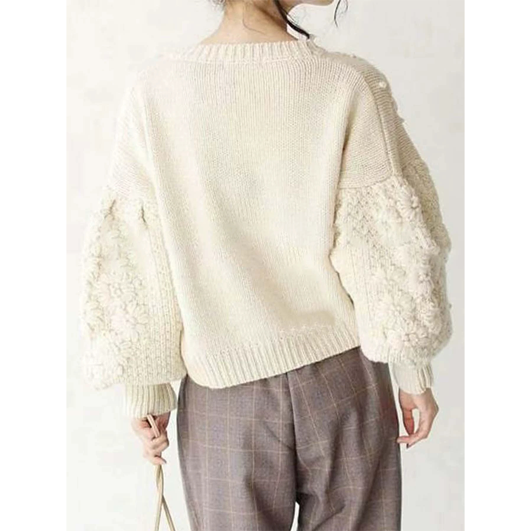 Crew Neck Embroidered Daisy Pullover Knit Sweater