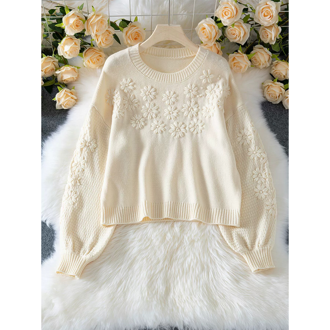 Crew Neck Embroidered Daisy Pullover Knit Sweater