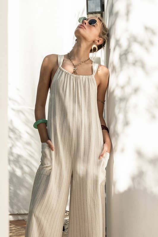 Striped Linen Wide Leg Jumpsuit