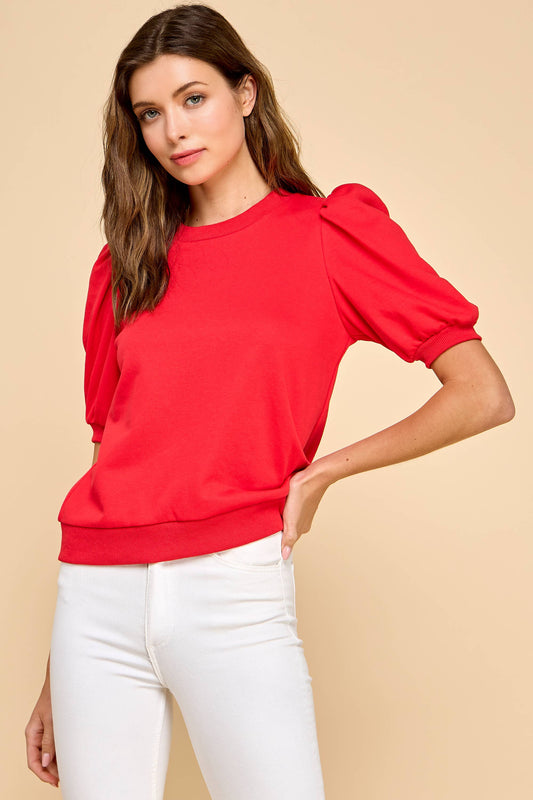 Crew Neck Short Puff Sleeves Knit Top