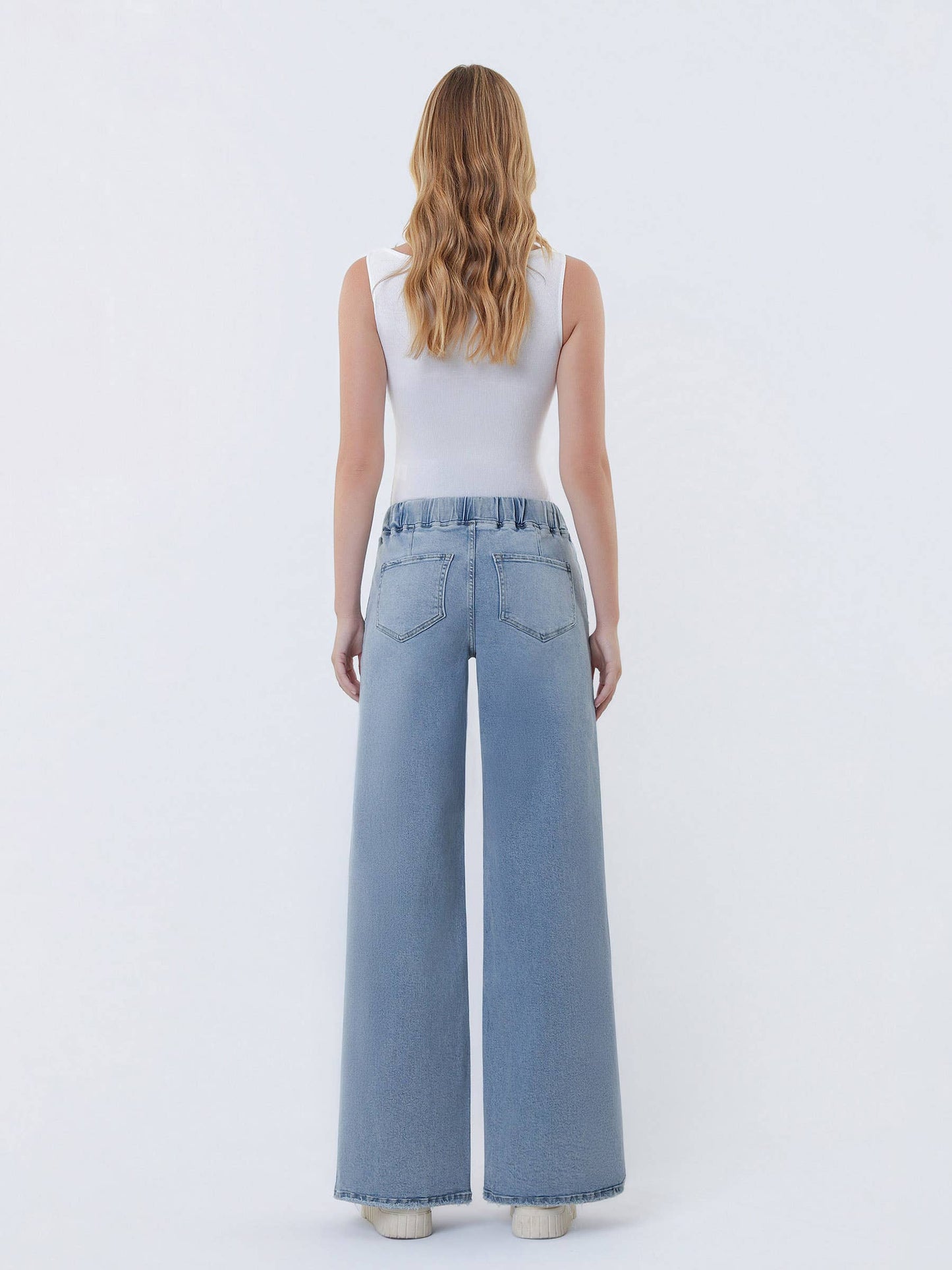 HIGH RISE DRAWSTRING WAISTBAND SLIT WIDE LEG JEANS