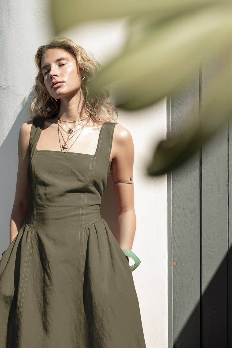 Linen Contrast Stitch Midi Dress