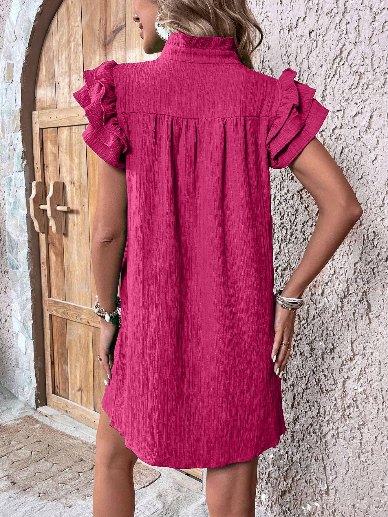 Multi-layer lotus sleeve V-neck long pullover dress