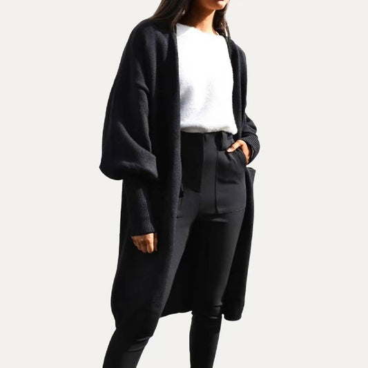 Cool Girl Black Balloon Sleeve Open Front Long Body Cardigan